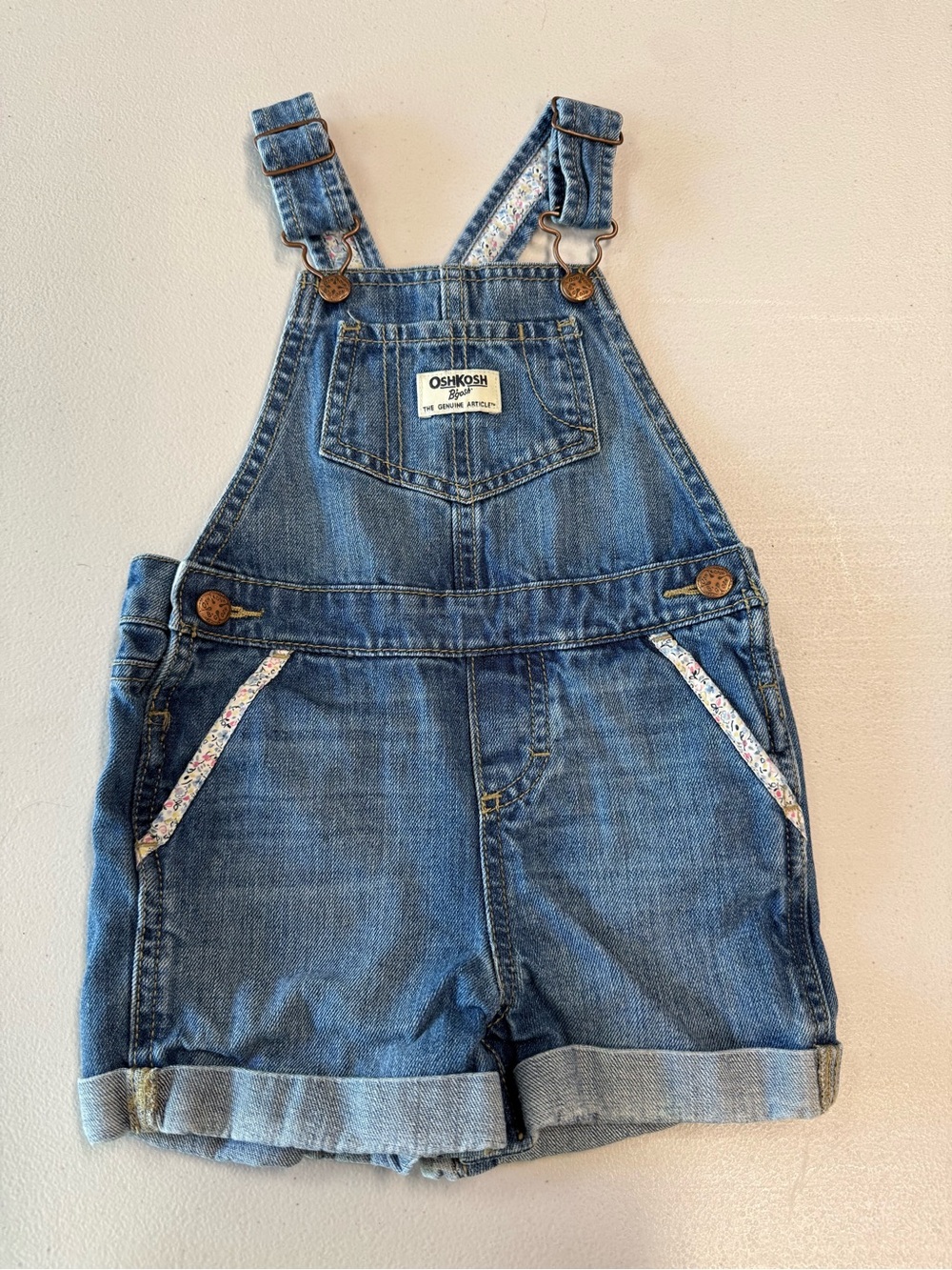 OshKosh B'gosh Denim Short Overalls with Floral Trim - Blue